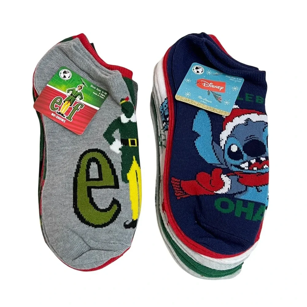 Elf and Disney Stitch No-Show‎ Socks Womens Shoe Size 4-10 12 Pairs Christmas